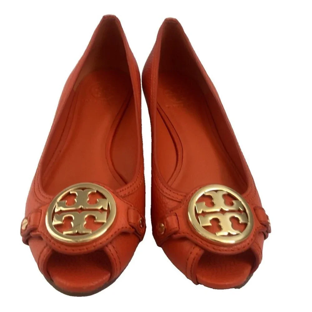 Tory Burch Shoes Leather Size 9 Leticia Open Toe Wedge poppy red orange